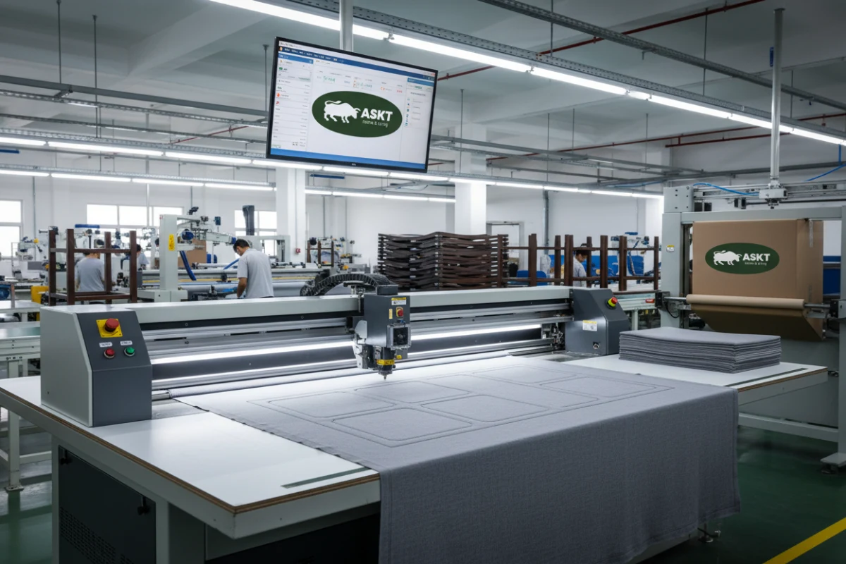 Automated computerized CNC fabric cutting machine in a dining chair factory