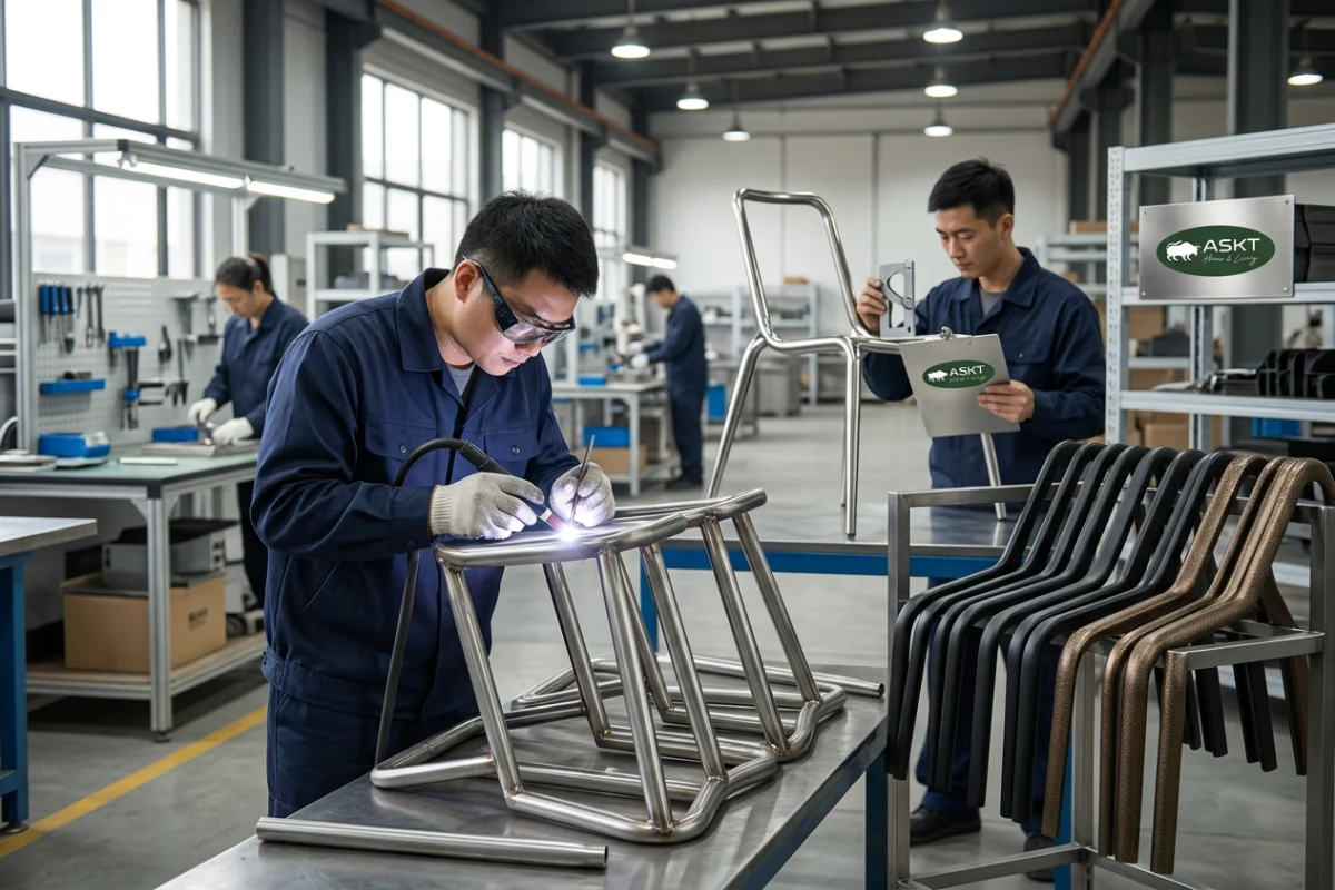 Metal dining chair frame manufacturing and welding quality inspection in a Chinese B2B furniture factory.