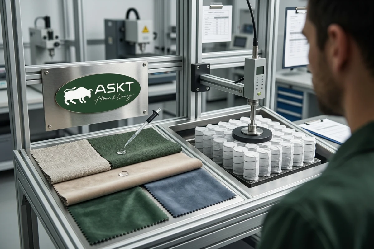 Quality control testing of water-repellent performance fabrics and pocket spring seat cushions.