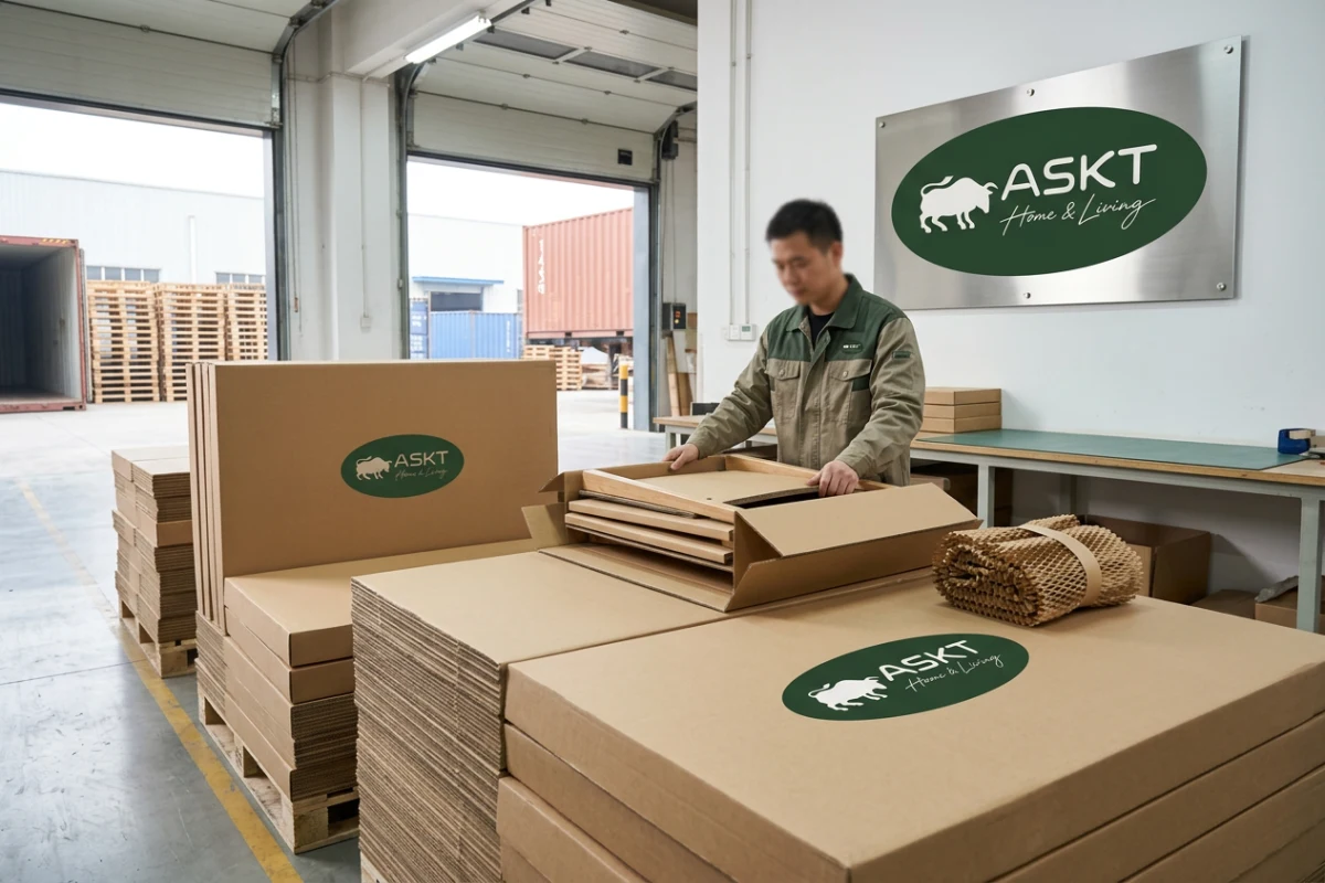 Knockdown dining chair packaging optimization with plastic-reduced protective materials for European container export.