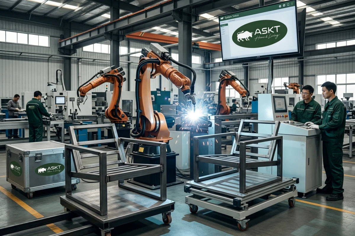 Heavy duty lounge chair frame construction with robotic welding in Chinese contract factory