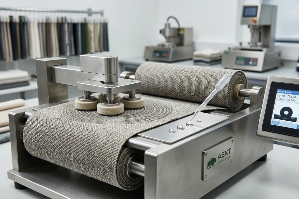 Hotel lounge chair fabric testing showing abrasion resistance and stain-resistant performance