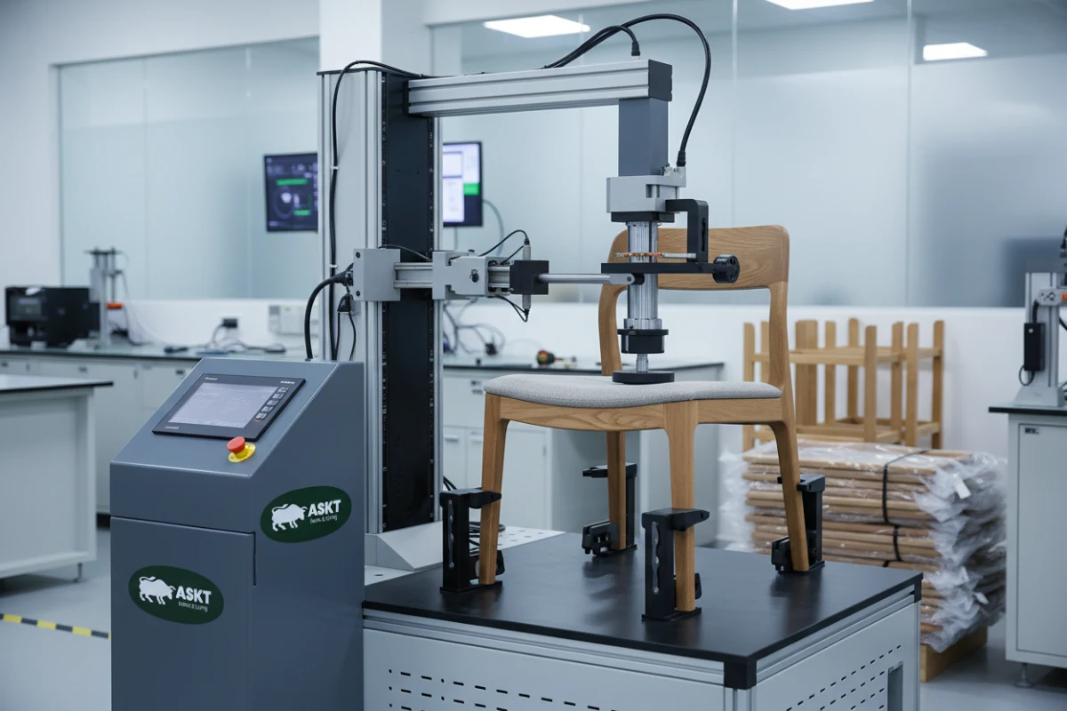 A dining chair undergoing structural safety and durability testing in an accredited testing laboratory.