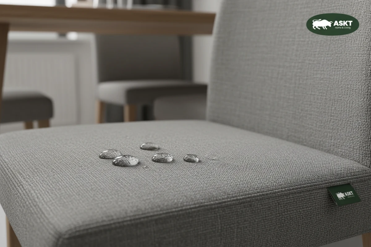 Stain-resistant and water-resistant upholstered dining chair fabric undergoing performance testing.