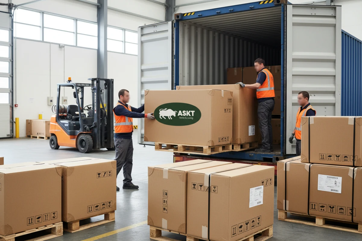 Efficient shipping container loading of dining chairs utilizing sustainable, plastic-reduced packaging.