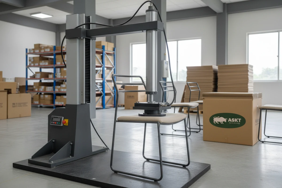 Durability testing machine performing structural stability tests on an upholstered chair.