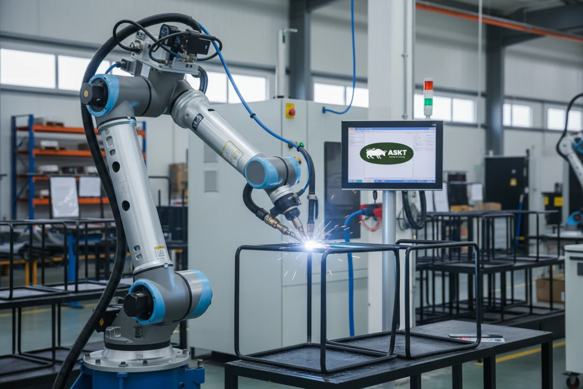 Automated robotic arm welding steel frames in a modern manufacturing plant.
