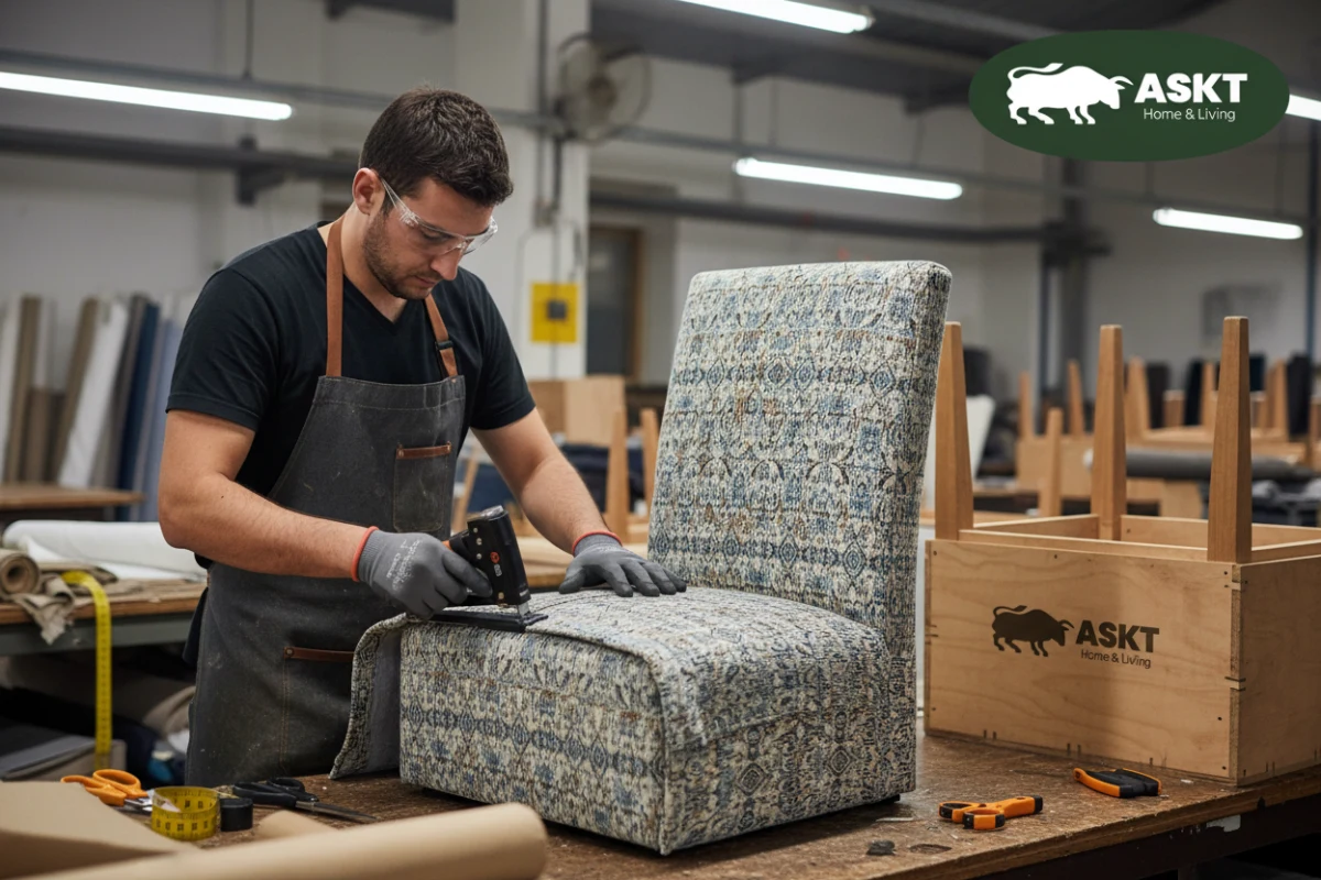 Upholsterer applying Customer's Own Material to custom dining chair
