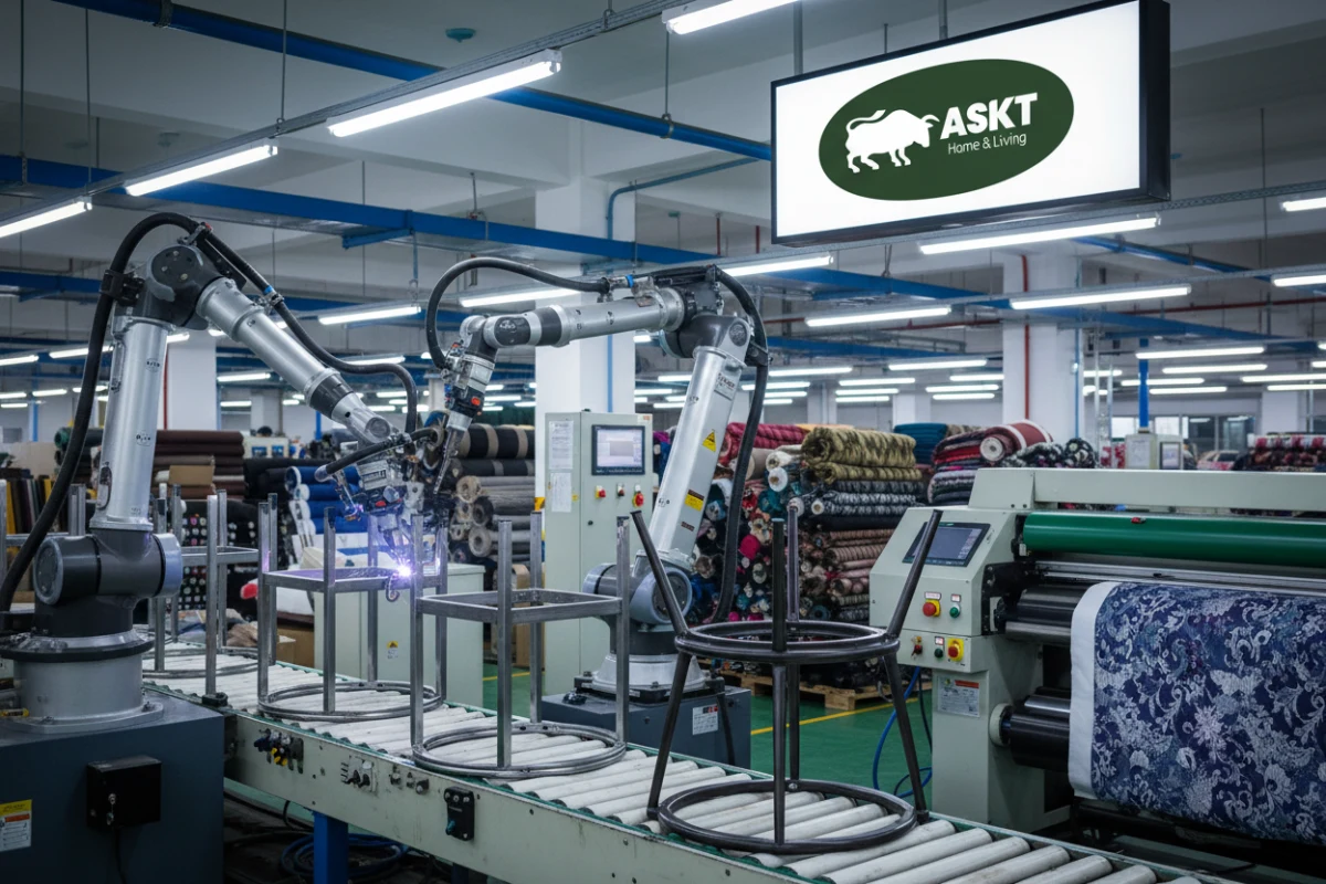 Automated robotic arms welding metal frames for dining chairs in a factory