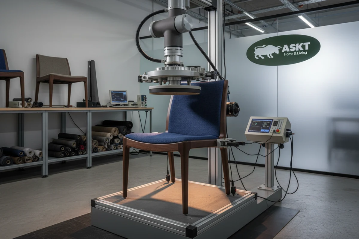 A dining chair undergoing rigorous EN12520 mechanical durability and load-bearing testing