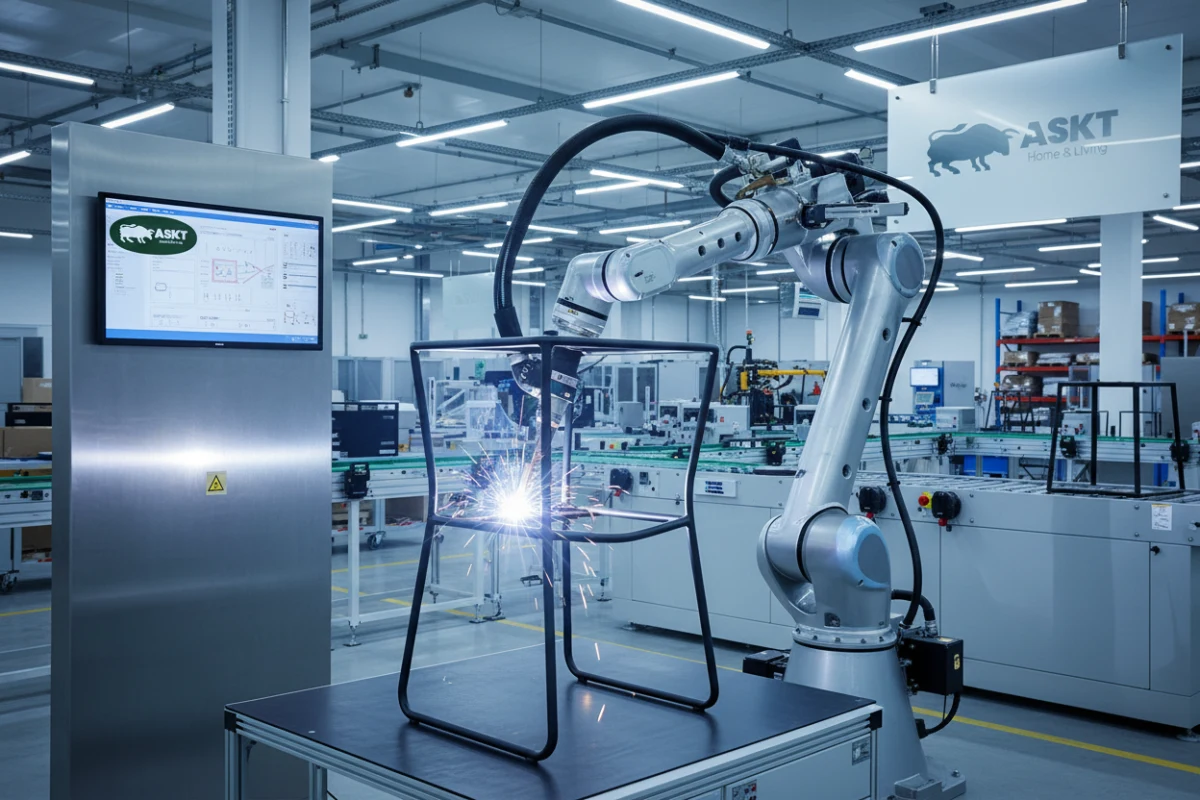 Automated robotic welding arm constructing metal frame for heavy-duty B2B dining chair.