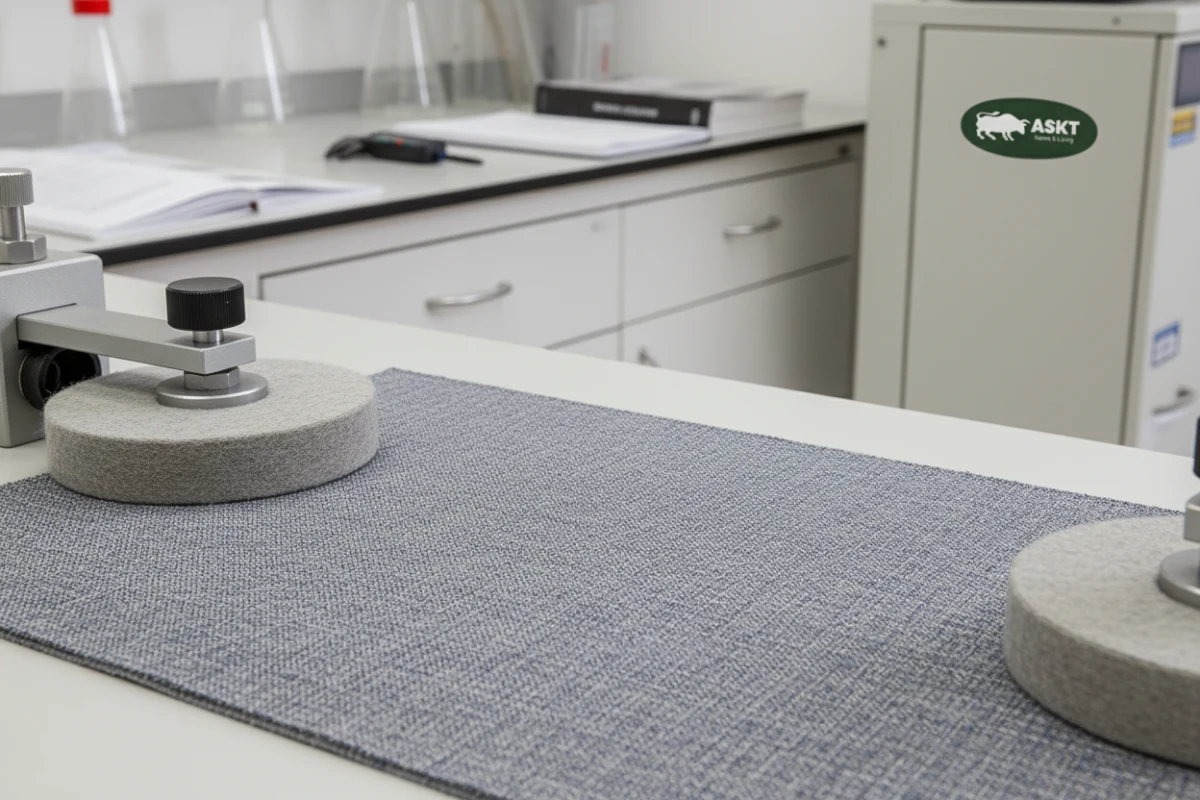 Martindale abrasion testing machine analyzing the wear resistance of ASKT-Tex high-performance commercial upholstery fabric.