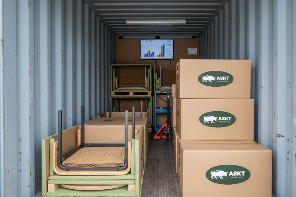 KINEXA modular dining chair components packed in sustainable honeycomb paper packaging for secure container transport.