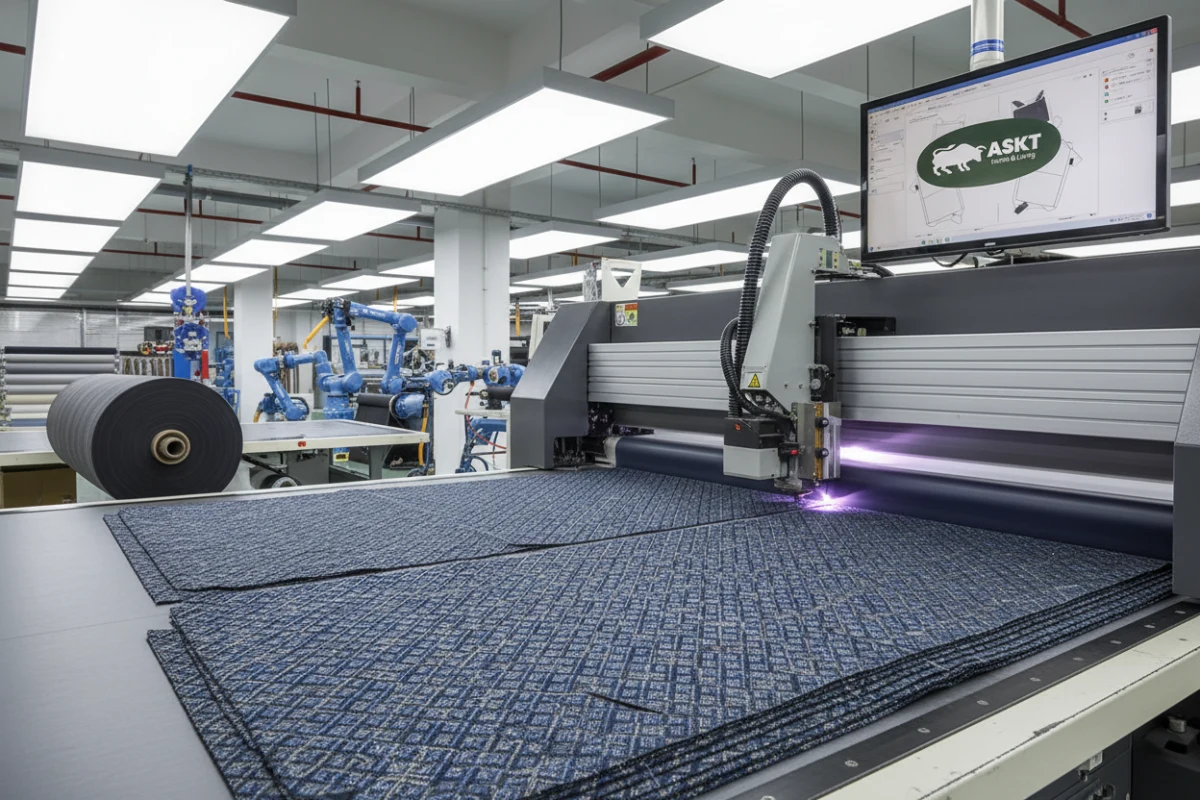 Automated batch cutting machine cutting upholstery fabric in a factory.