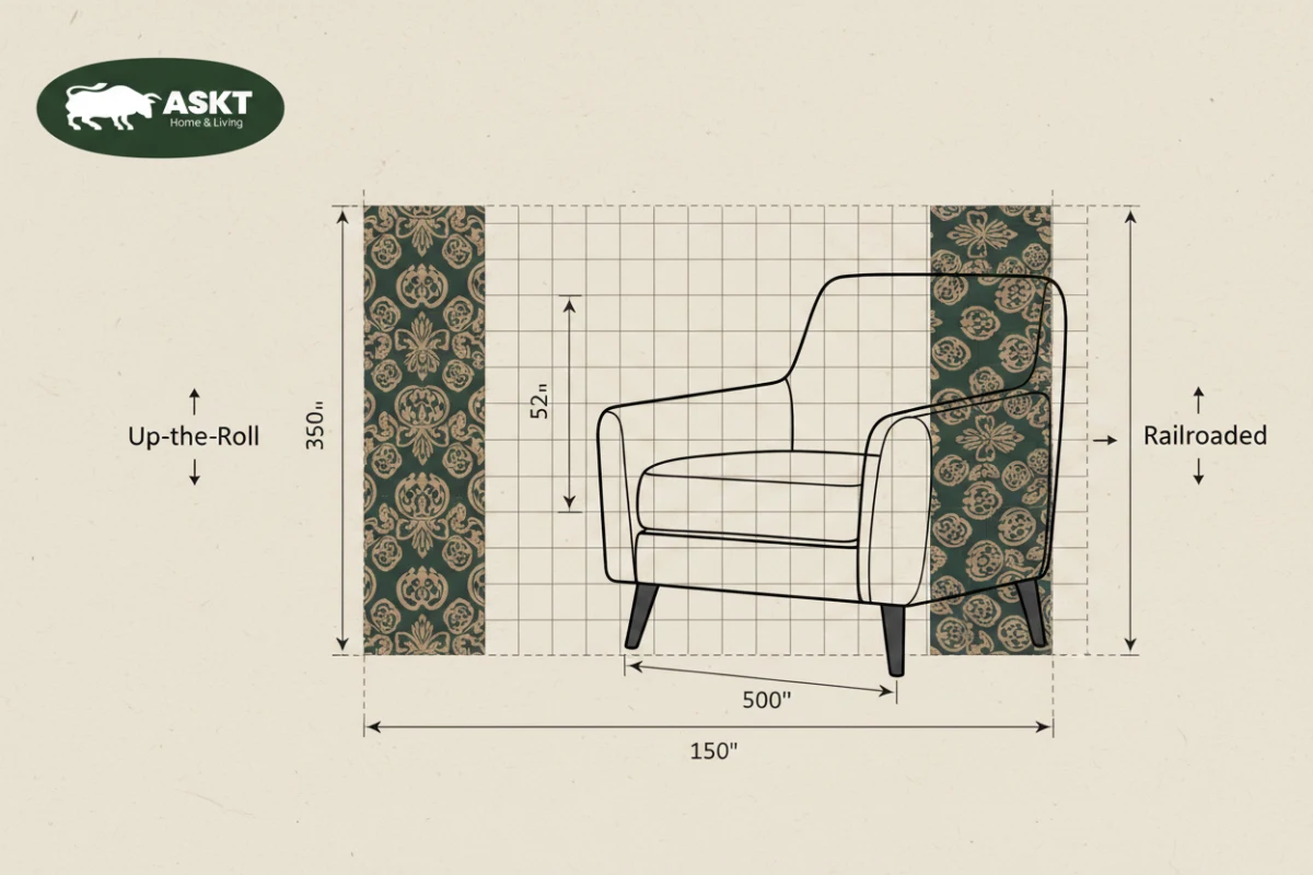 Technical diagram demonstrating fabric yield calculation and pattern repeat alignment for seating.
