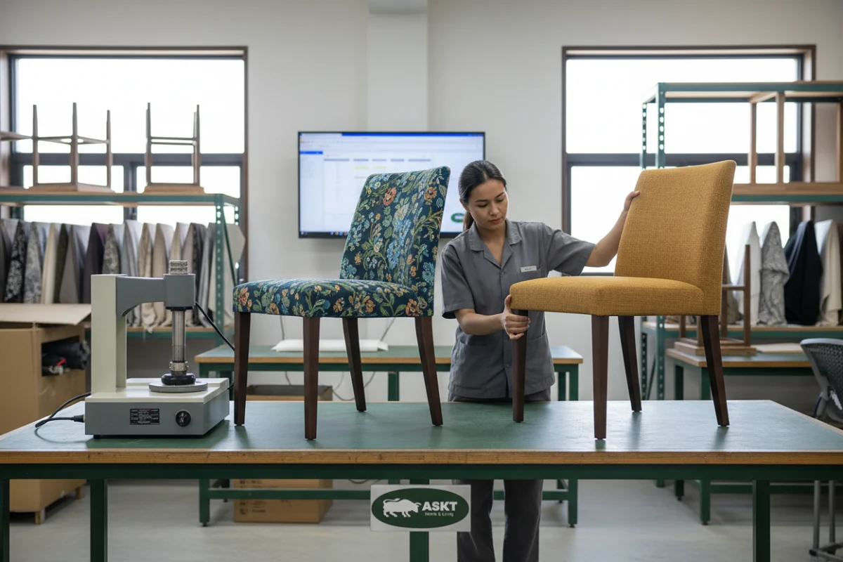 Quality control testing for fabric durability and seating strength in a furniture laboratory.