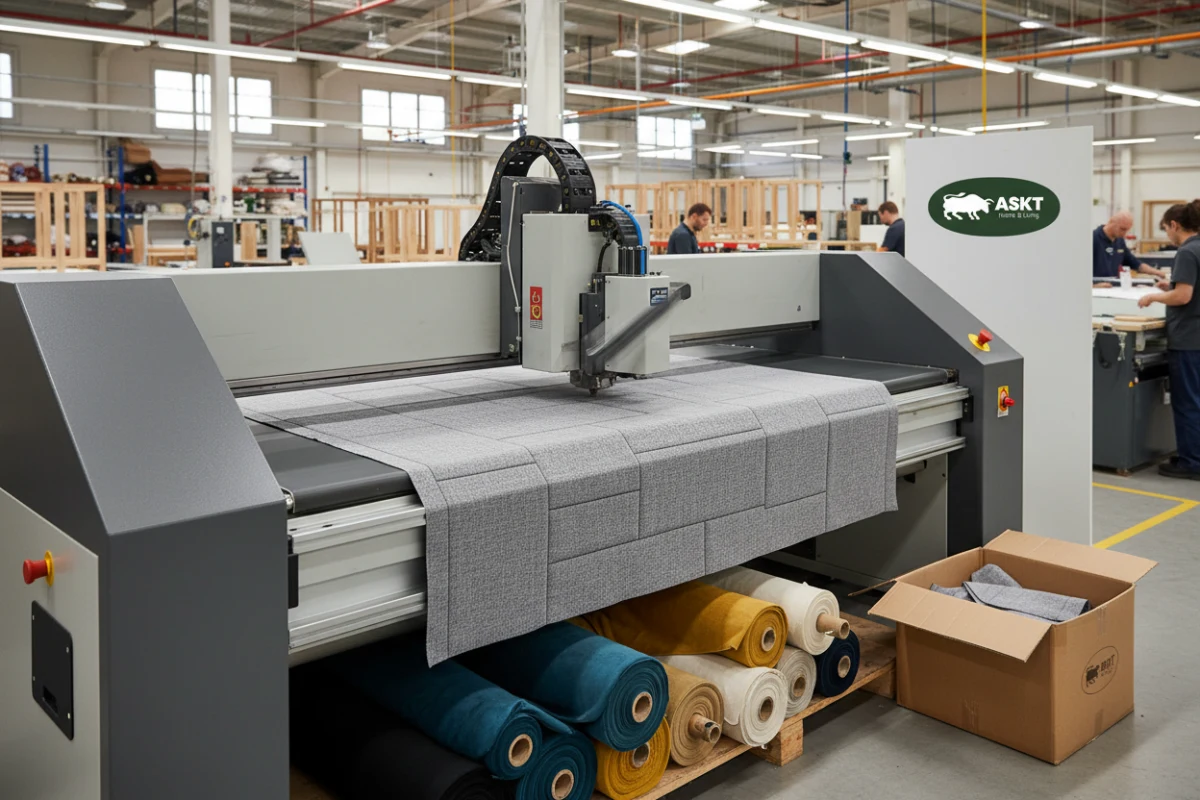Automated batch fabric cutting machine processing premium upholstery fabric in a clean, modern factory environment.