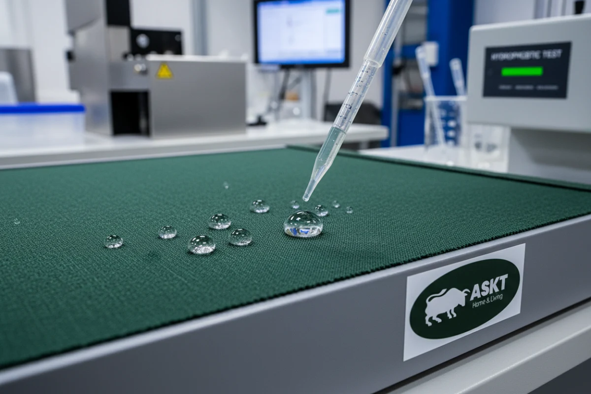 Hydrophobic testing of high-tech functional fabric showing absolute water and stain resistance.