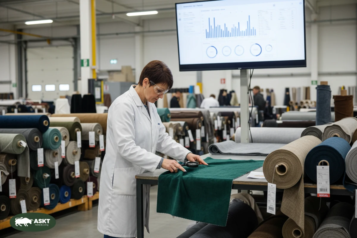 A professional quality control inspector verifying fabric roll tags and checking textile surfaces for defects in a warehouse.