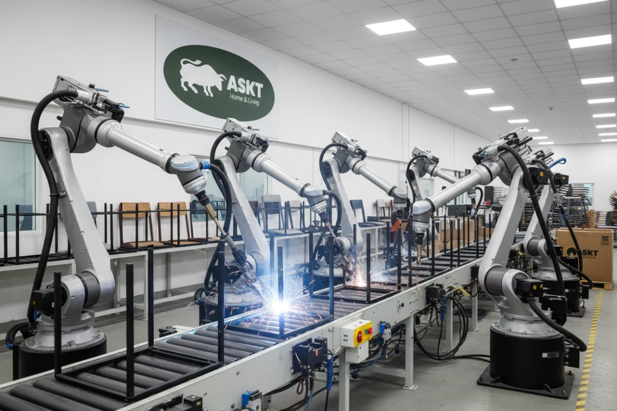 High-precision robotic welding arms welding the joints of dining chair metal leg frames on a modern production line.