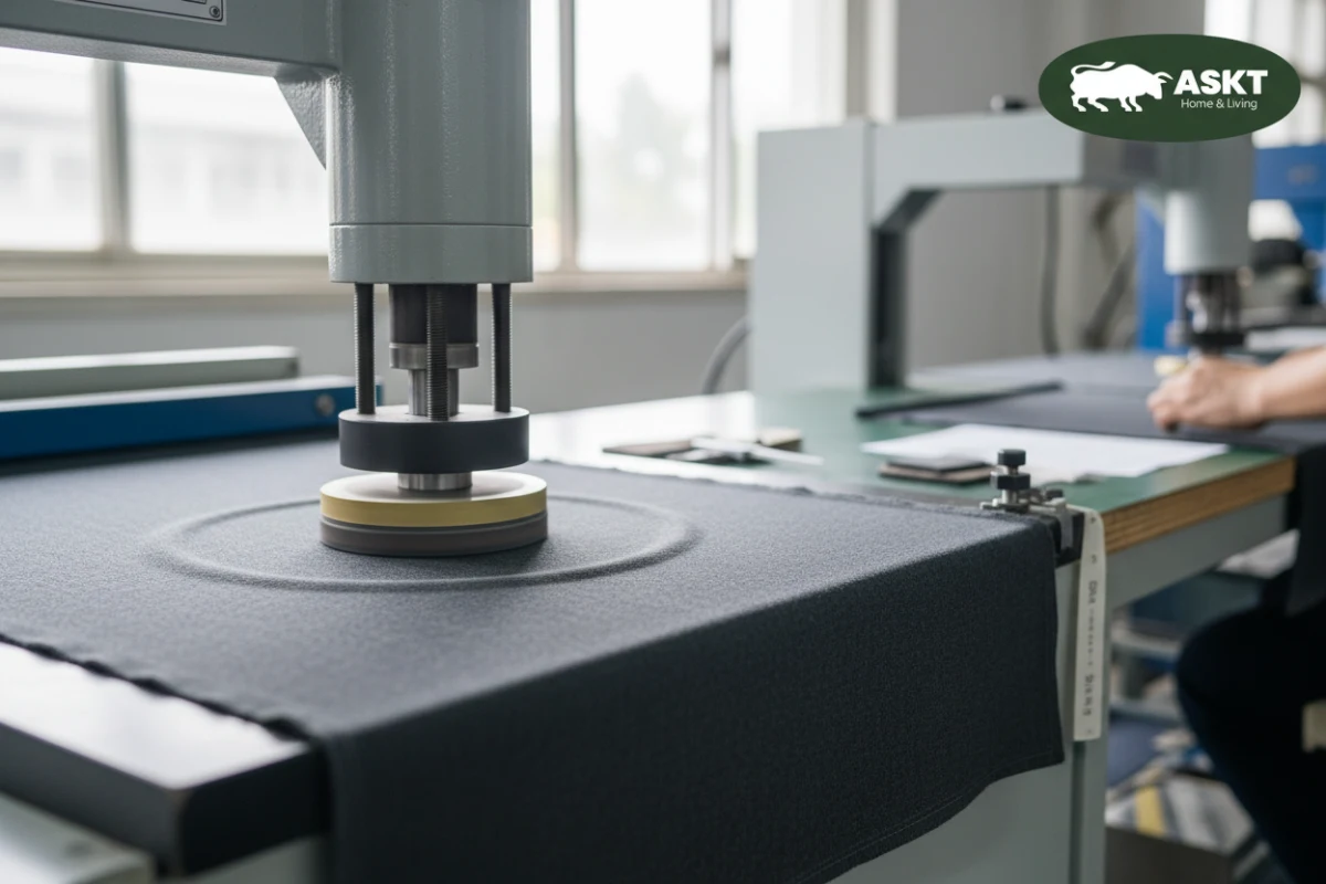 Laboratory testing equipment measuring fabric abrasion resistance and colour fastness of dining chair textiles.