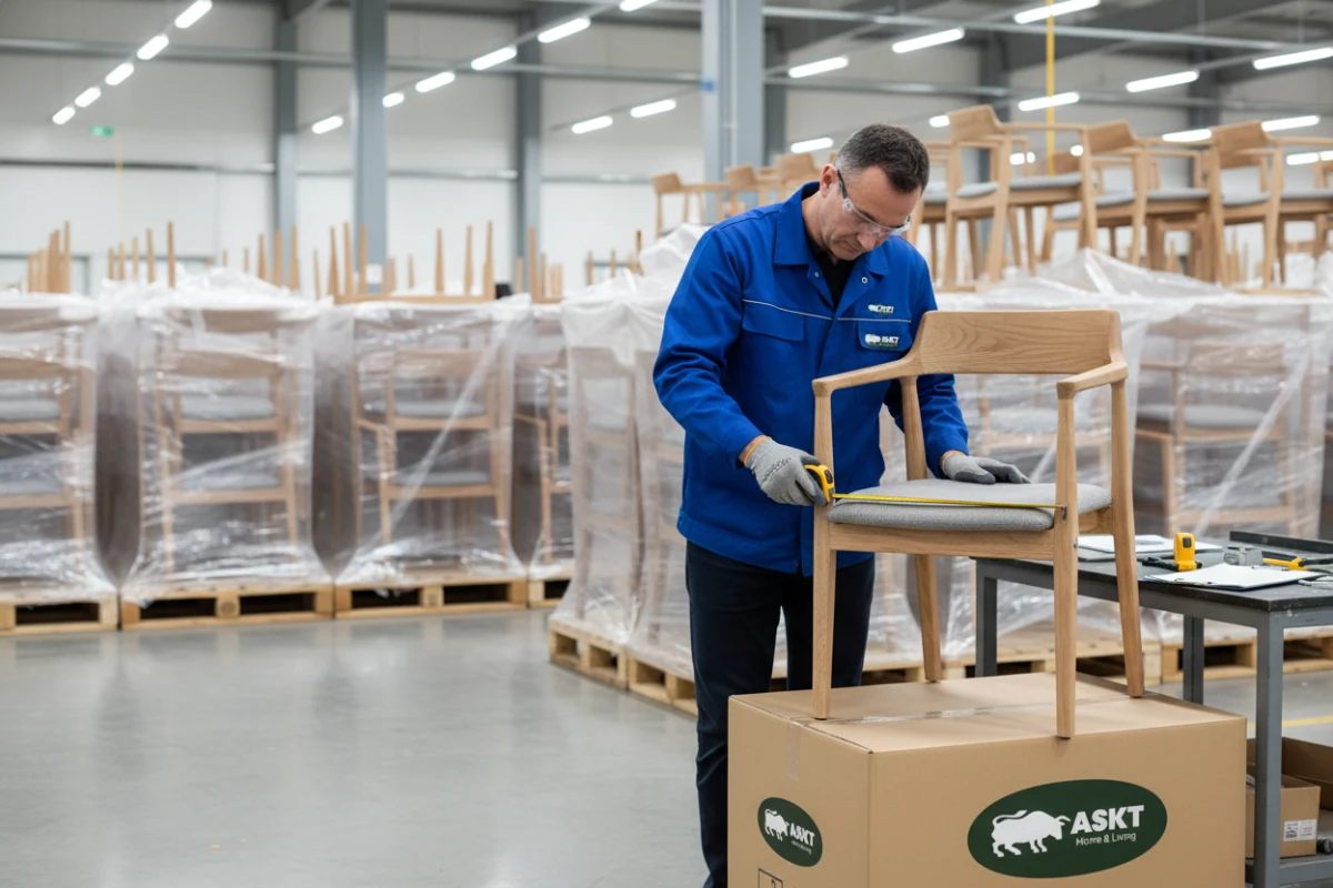 Quality control inspector in a B2B factory performing structural checks and stability assessments on completed dining chairs.