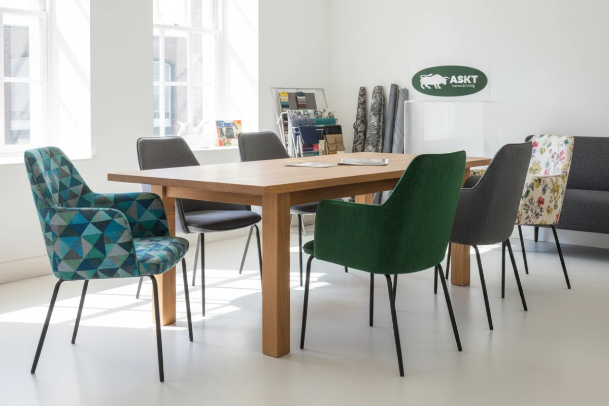 A group of modern custom upholstered dining chairs in a contemporary European contract showroom setting.