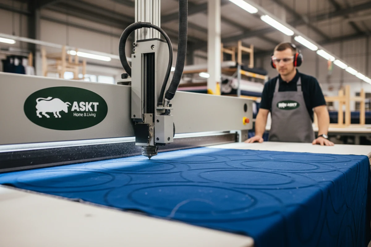 Close-up of a high-precision fabric cutting machine cutting custom upholstery textiles in a BSCI certified B2B factory.