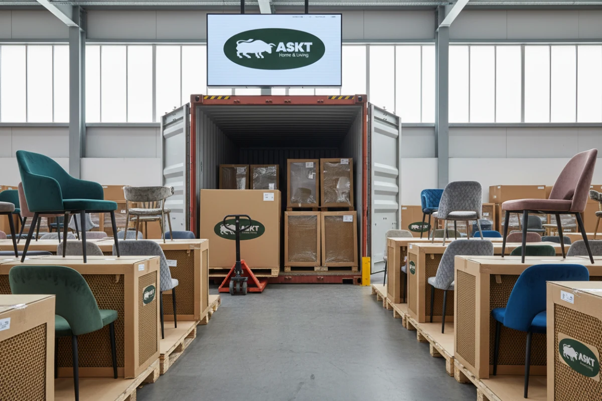 Eco-friendly honeycomb paper packaging for dining chairs stacked securely inside a container for European export.