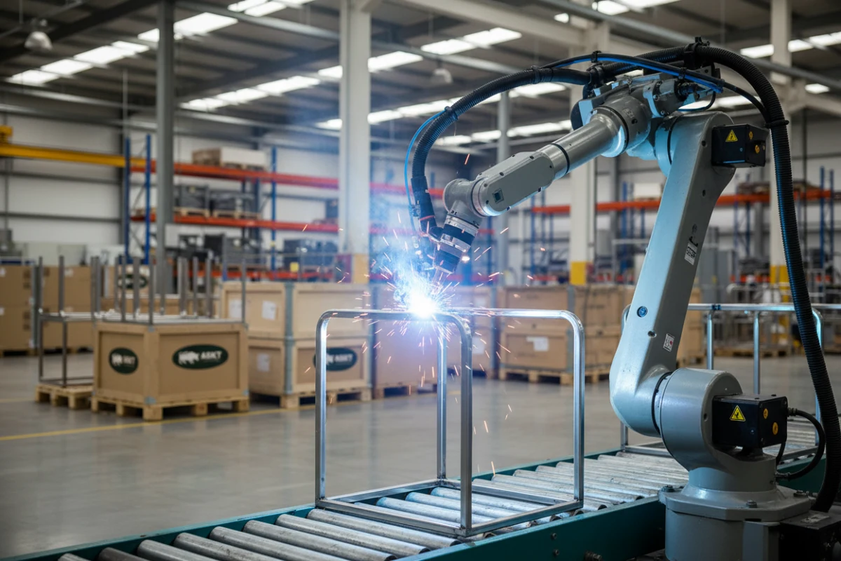 Automated robotic welding arm assembling metal dining chair frame.