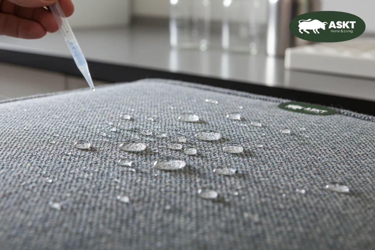 Close-up of waterproof and stain-resistant fabric with water beading.