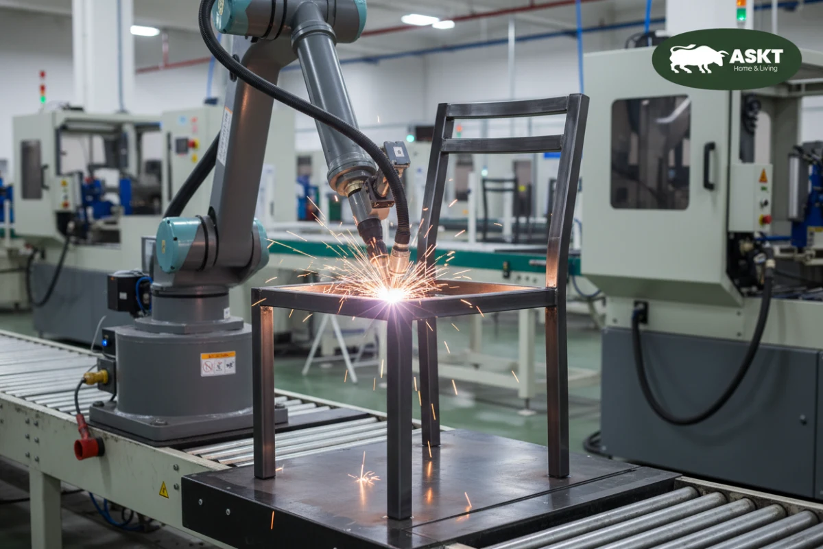 Automated metal frame welding robotic arm in B2B dining chair factory