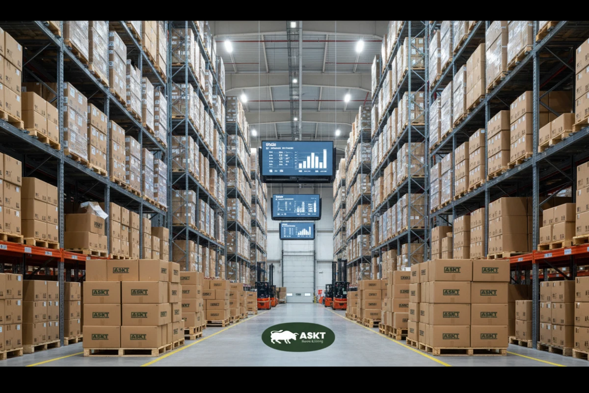 Pallets of flat-packed furniture boxes stacked efficiently in a modern warehouse