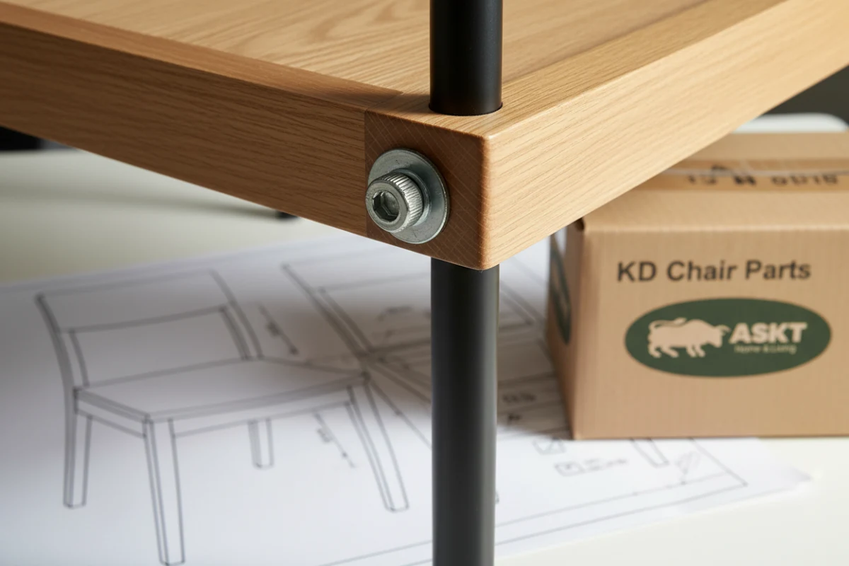 Close-up of a high-tensile metal-to-metal bolt connection on a KD dining chair