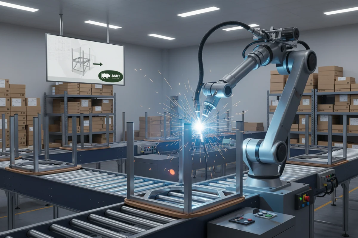 Robotic welding arm crafting high-precision metal dining chair frame