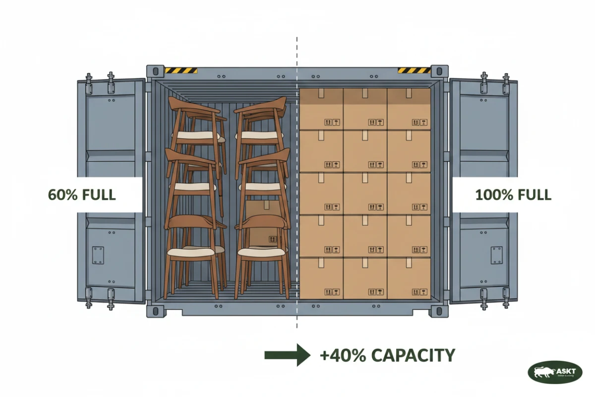 Diagram comparing CBM volume of assembled versus knock-down dining chairs.