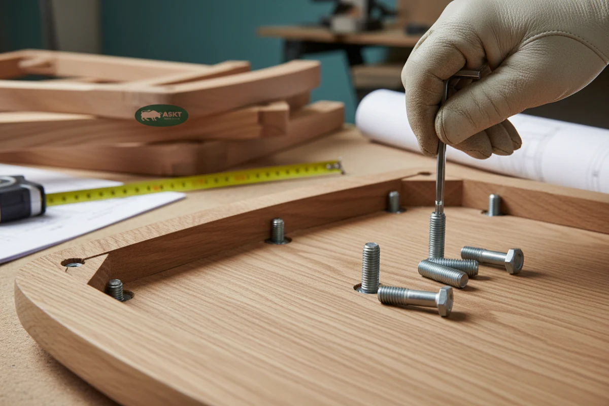 Close-up of metal-to-metal fastening system in a knock-down dining chair.