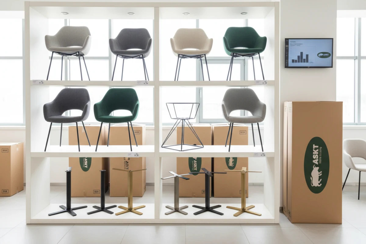 KINEXA modular dining chair system showing interchangeable seat shells and metal leg bases.