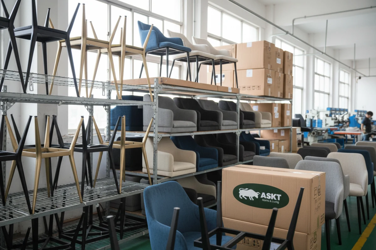 Modular dining chair system components in a B2B furniture factory.