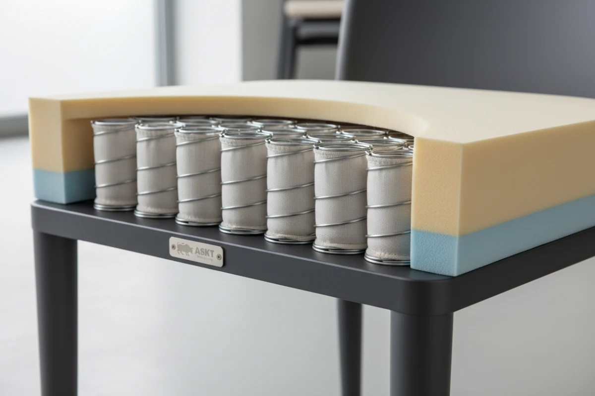 Cross-section of a pocket spring dining chair seat cushion with a steel frame