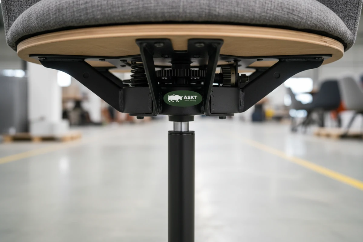 Close-up of a heavy-duty commercial auto-return dining chair swivel mechanism.