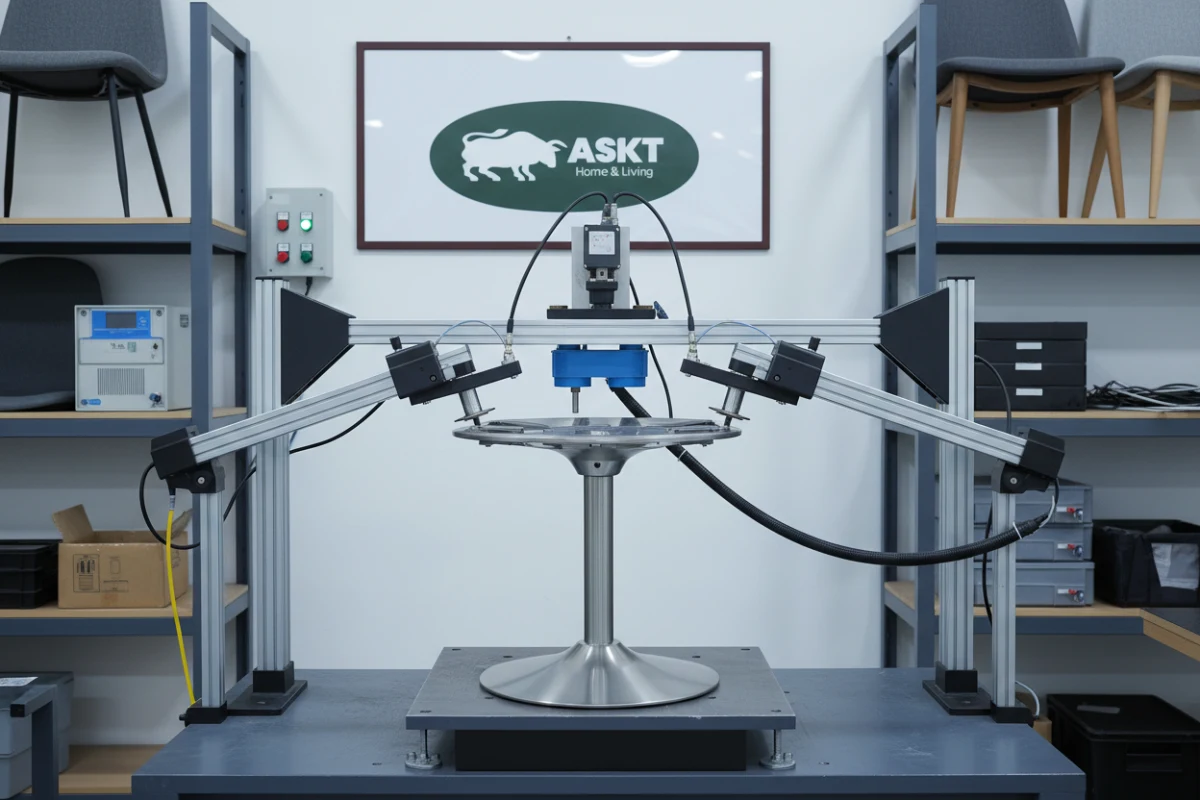 Durability testing machine performing load and rotation cycle tests on a dining chair.