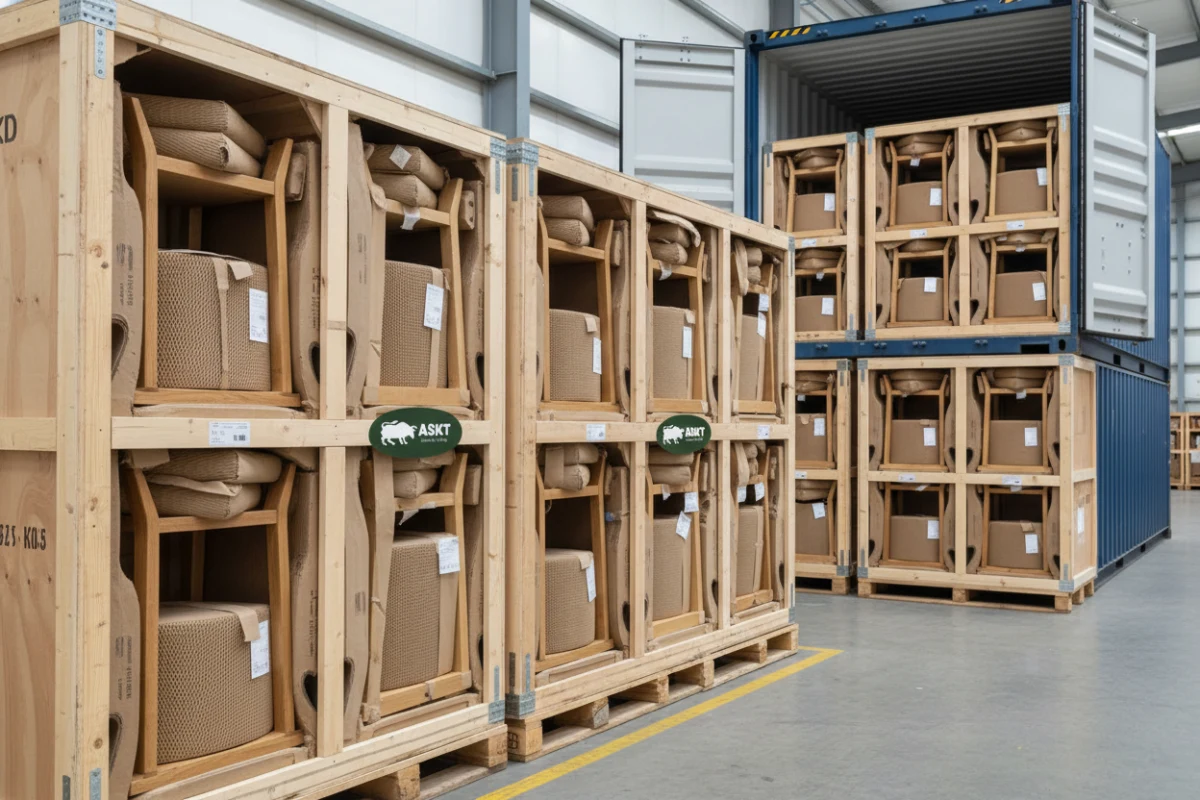 Flat-packed KD dining chair frames nested in sustainable honeycomb packaging.