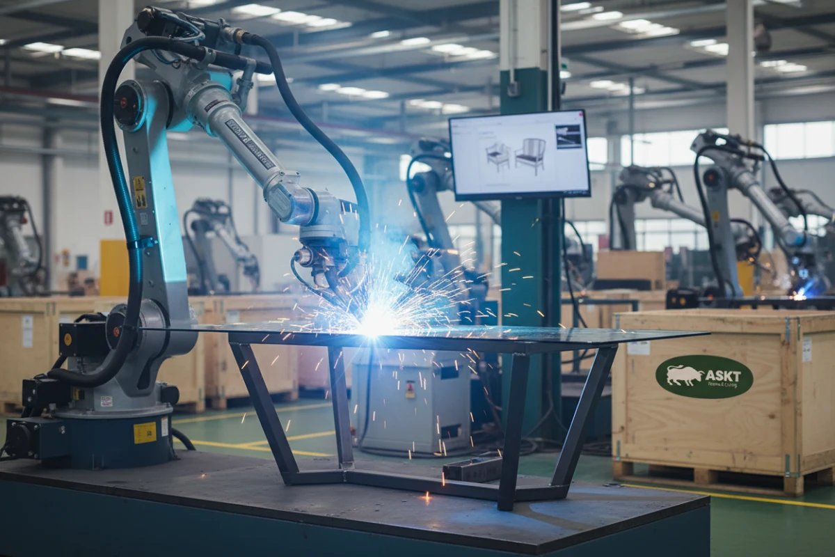 An automated robotic welding arm fabricating a heavy-duty metal dining table frame inside a dining table manufacturer China factory.
