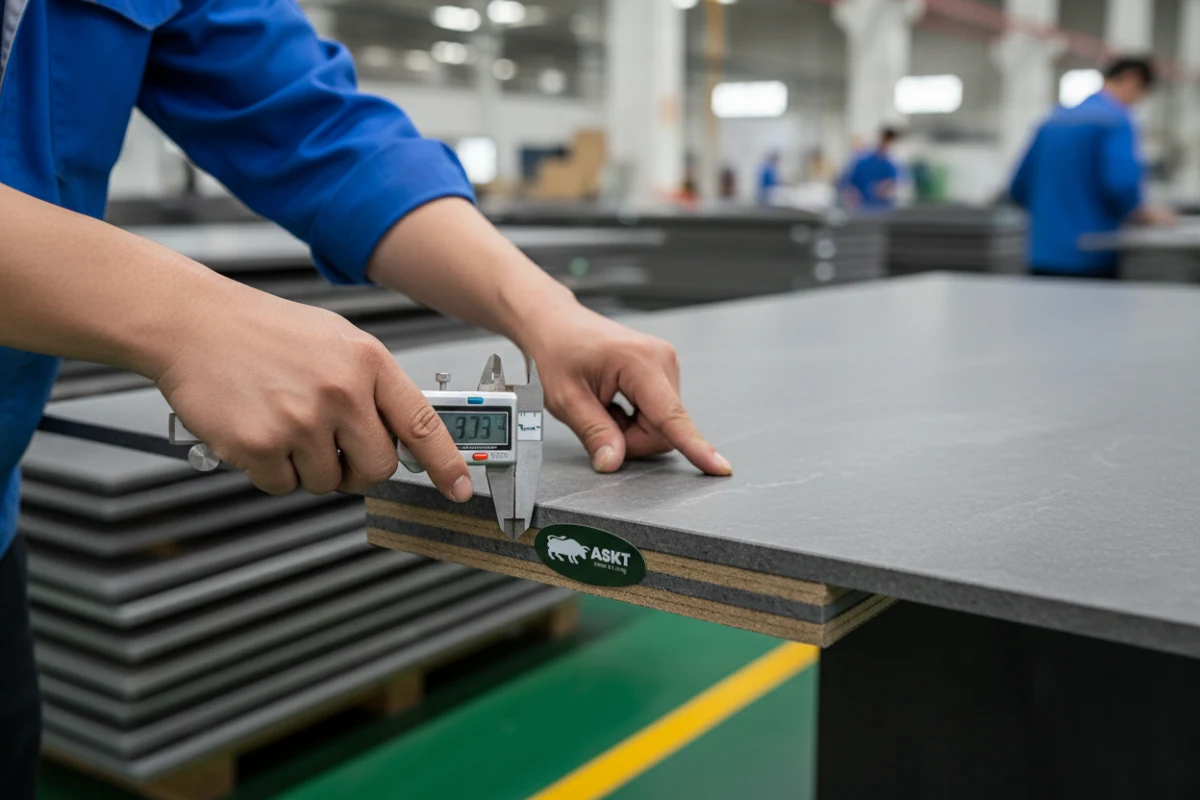 Quality control inspector measuring the backing substrate of a sintered stone tabletop at a Chinese dining table factory.