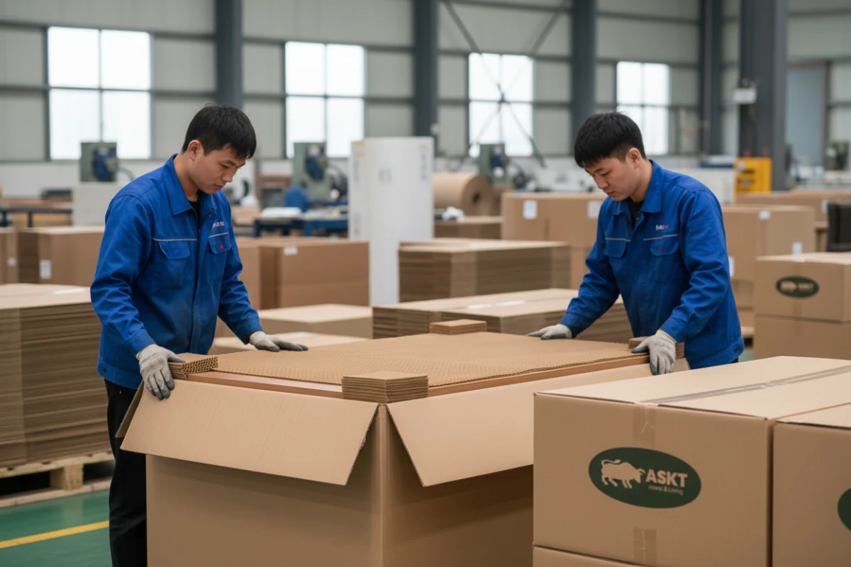 A knock-down dining table securely packed inside a shipping carton with eco-friendly honeycomb paper protection.