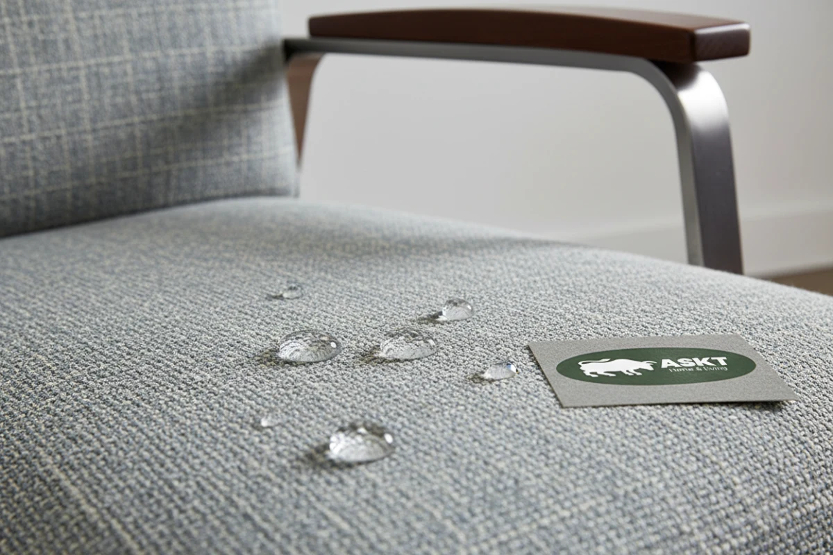 Water-resistant performance fabric showing liquid-beading technology for healthcare seating.