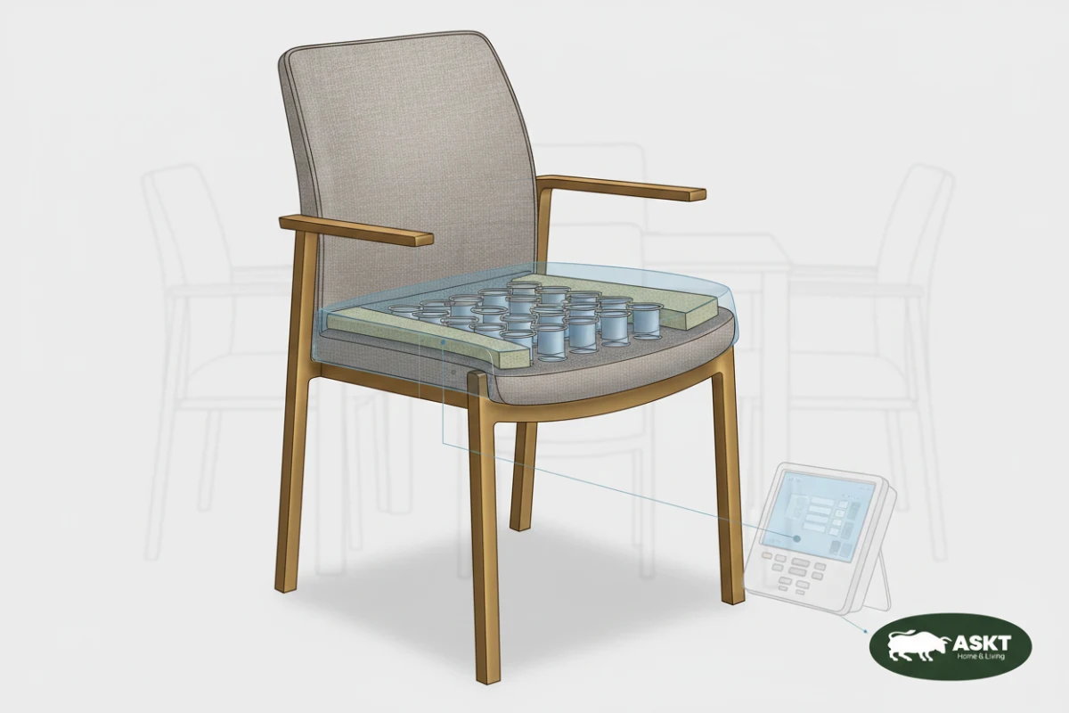 Diagram of ergonomic features including a pocket spring core in senior dining chairs.