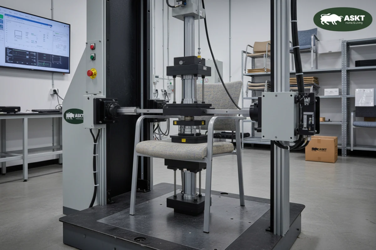 Mechanical testing machine verifying the safety standards of a senior dining chair.