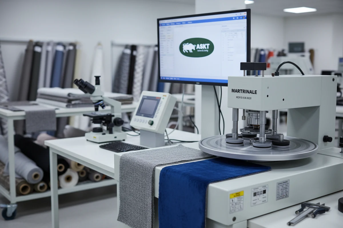 A Martindale testing machine conducting wear and abrasion tests on commercial dining chair fabrics wholesale.